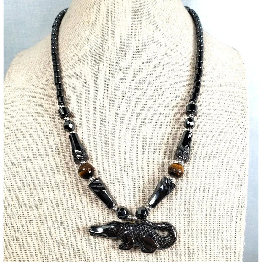 Carved Hematite & Tigers Eye Gator Pendant 17
